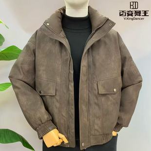 百变舞王复古机车风连帽羽绒服男2025新款工装外套宽松