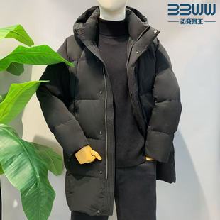 百变舞王2025冬季新款男士黑色中长款连帽羽绒服
