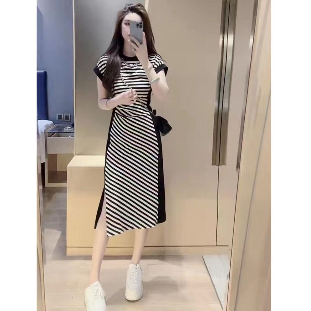 条纹连衣裙女短袖夏季2025新款收腰拼接显瘦小个子包臀开叉长裙子