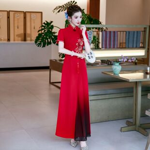 走秀旗袍2026新款越南奥黛改良连衣裙红色长款舞台演出服高端大气