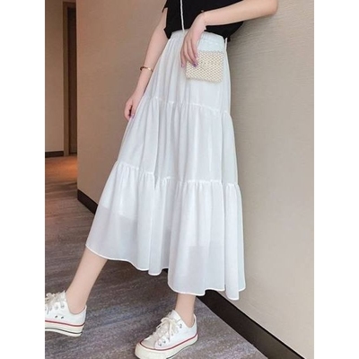 珍珠雪纺半身裙子仙女超仙森系2025夏装纱裙中长款蛋糕短裙高腰秋