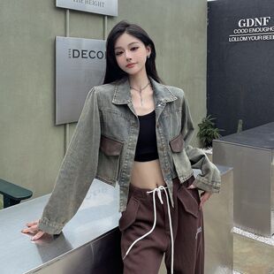 复古拼接水洗牛仔外套女学生早春秋季显瘦短款辣妹不规则夹克上衣