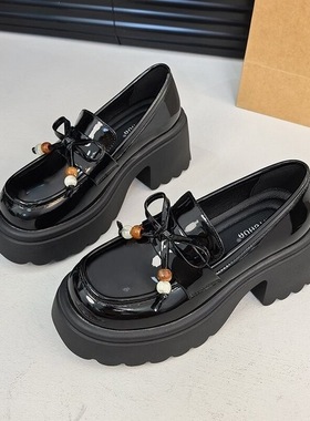 英伦风厚底小皮鞋女2025早秋季新款百搭复古圆头串珠系带乐福单鞋