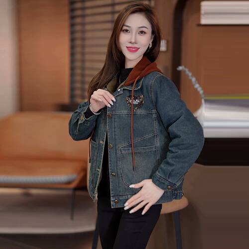 时尚加绒加厚牛仔外套女2