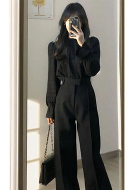 早秋穿搭套装女2025新款酷飒拽姐黑色衬衫西装裤高级感时尚两件套