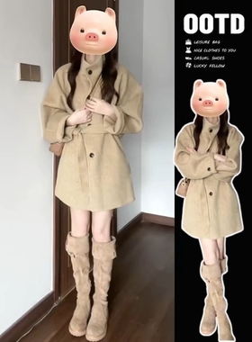 高级感赫本风卡其色毛呢子大衣女秋冬季2025新款小个子外套中长款