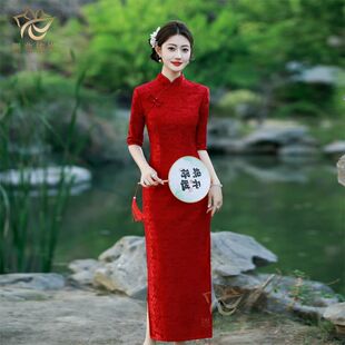 红色新款2026旗袍长款改良中式气质连衣裙走秀修身回娘家妈妈冬款