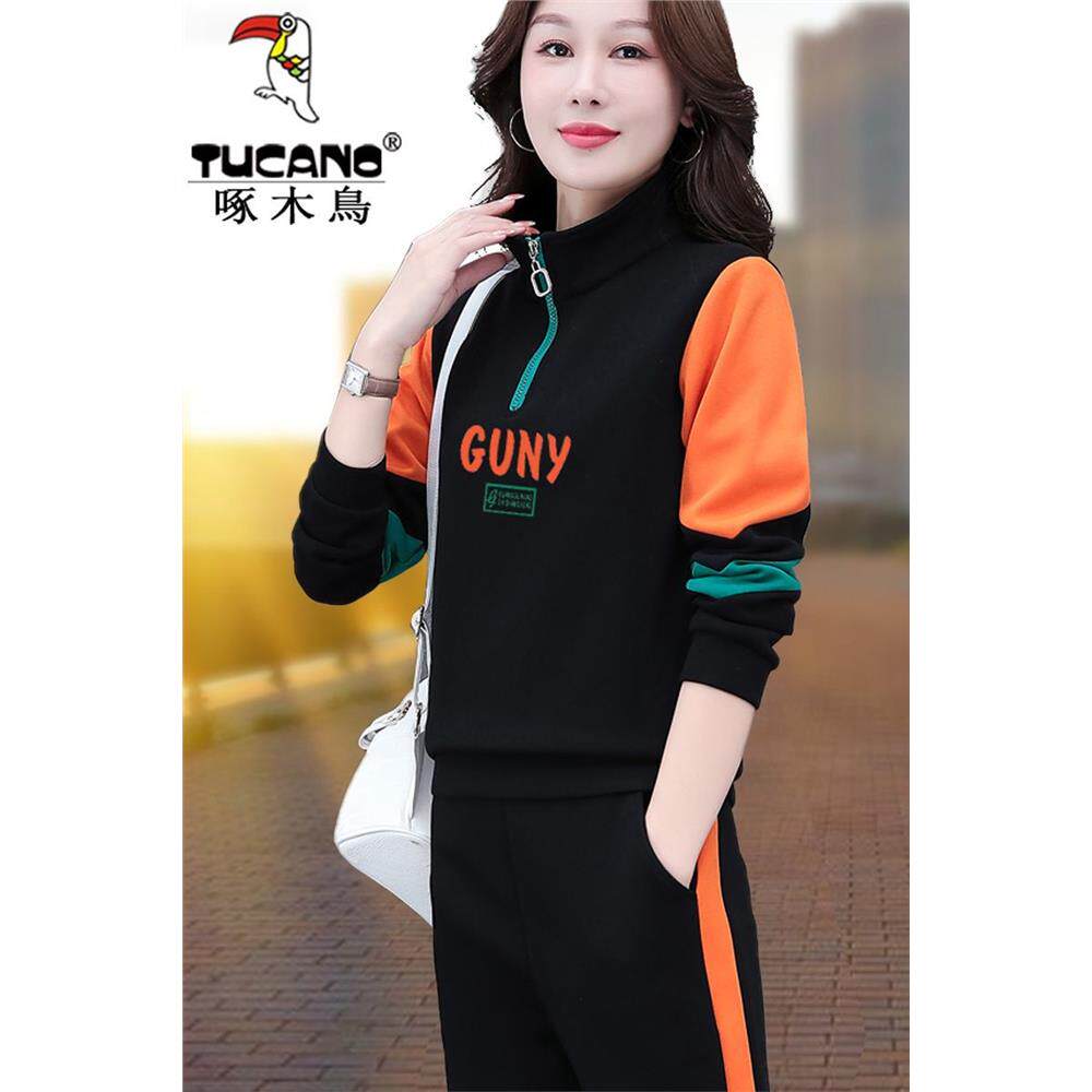 啄木鸟2026新款早秋休闲运动服套装女士时尚减龄宽松长袖两件套