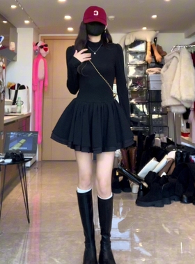 秋冬季气黑色半高领长袖蓬蓬短裙女质收腰公主裙小个子显高连衣裙