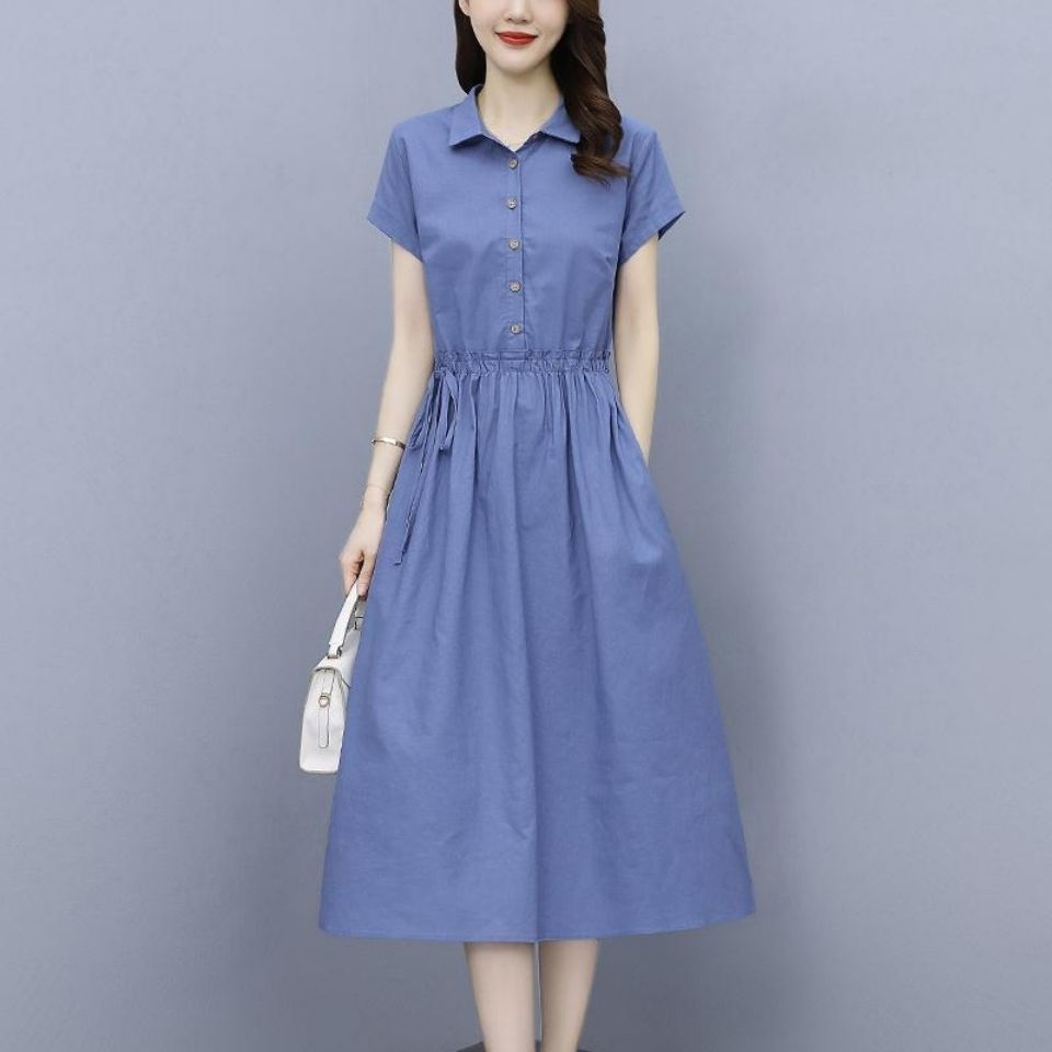 纯棉连衣裙短袖女装2025夏季新款宽松抽绳收腰遮肚子纯色气质裙子