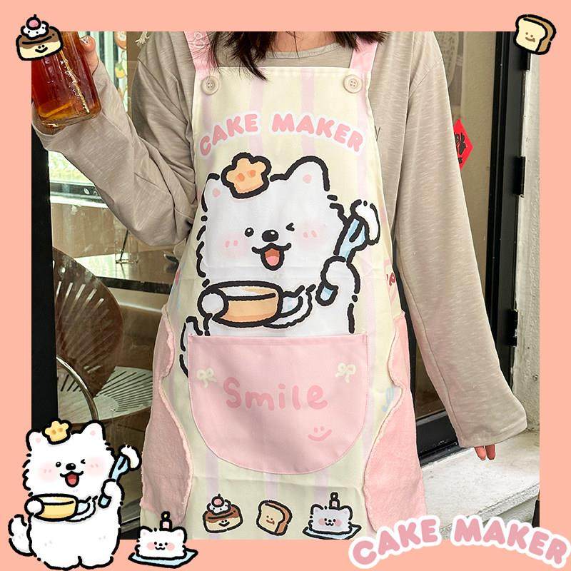ins卡通可爱厨房围裙绑带式设计防溅防脏大口袋可擦手围裙萨摩耶