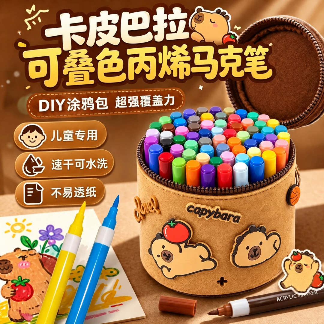 卡皮巴拉软头丙烯马克笔儿童安全配方可水洗速干不透纸可叠色学生美术手绘 DIY 绘画毛毡手提收纳桶画笔套装图片