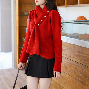 严选新年红色毛衣小香风金丝亮闪闪可拆围巾开衫上衣羊棉绒