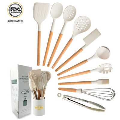 奶白色木柄硅胶厨具10件套不粘锅铲汤勺 厨房工具 kitchen  set