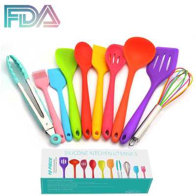 彩色混色全包一体硅胶厨具套装10件套烹饪不粘锅kitchen set