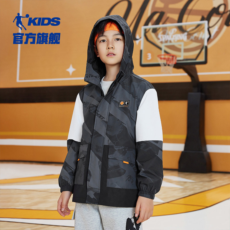 乔丹童装男童风衣外套2026春秋新款中大童撞色运动外衣儿童连帽潮