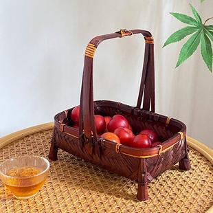 手工竹编家用创意茶点水果零食简约方形手提果篮收纳竹筐糕点托盘