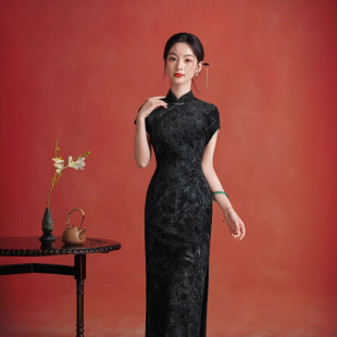 改良植绒修身 复古民国风夏季 显瘦素雅日常女旗袍 旗袍长款 2025新款