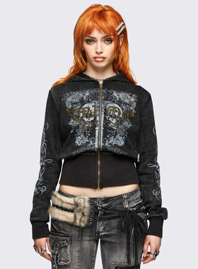 Minga 新品朋克暗黑 水洗黑做旧印花 铆钉装饰 短款修身连帽外套