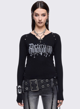 Minga新品 亚文化朋克Delirium印花图案 孔眼V领短款修身长袖上衣