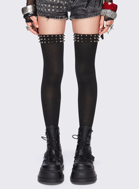 Minga 新品暗黑哥特 弹力黑色过膝 尖刺装饰边 过膝袜长筒袜