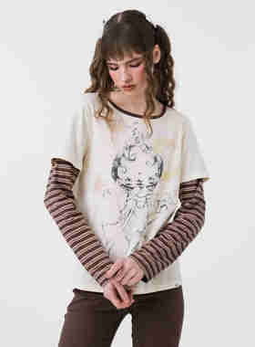 Sixthdimension 亚文化手绘图案 宽松假两件长袖T恤