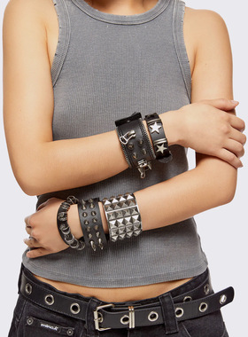Minga 新品亚文化朋克 尖刺/拉链/铆钉/pu皮设计手镯手环套装组合