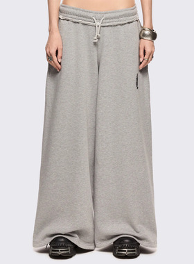 Minga 美式复古logo刺绣 灰色通勤百搭松紧抽绳宽松阔腿卫裤长裤