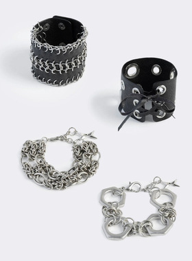 Minga 暗黑哥特风 pu皮孔眼/链条/金属扣/系带 复古银色手链套装