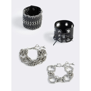 Minga 暗黑哥特风 pu皮孔眼/链条/金属扣/系带 复古银色手链套装
