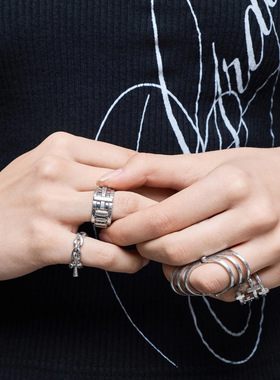 Minga新品 亚文化朋克 十字架设计 做旧银色戒指组合套装