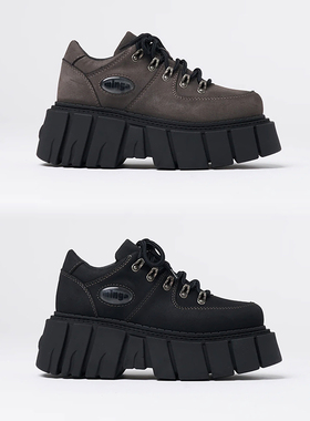 Minga新品美式复古纯色环保磨砂皮圆头锯齿厚底系带鞋 休闲工装鞋