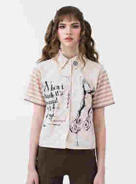 Sixthdimension 手绘图案复古亚文化条纹袖短袖衬衫