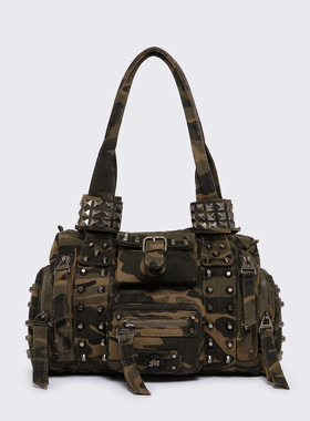 Minga新品 复古亚文化水洗迷彩 金字塔铆钉/多口袋设计 单肩包