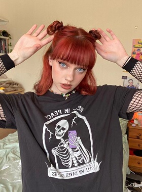 Minga新品美式复古黑色骷髅印花图案圆领宽松短袖T恤