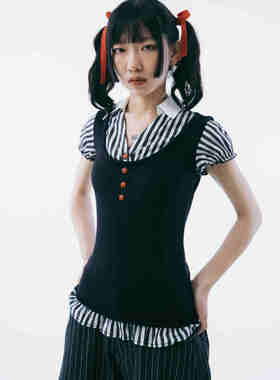 Sixthdimension亚文化Y2K复古假两件 polo领条纹上衣