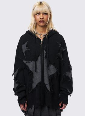 Minga 美式复古y2k 灰色磨边星星 破坏设计下摆 连帽针织毛衣外套