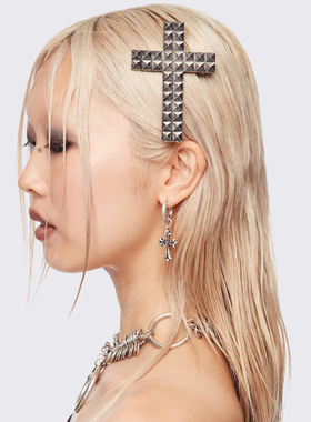 Minga新品 美式朋克 复古做旧银色 铆钉十字架设计 按扣发夹边夹