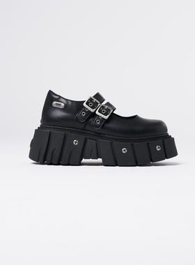 Minga新品复古黑色双圆孔搭扣人造皮革锯齿厚底鞋 圆头玛丽珍鞋