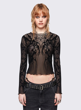 Minga 新品美式朋克 神秘植绒印花图案  网眼修身短款长袖上衣