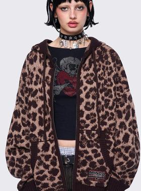 Minga 千禧Y2K豹纹 下摆袖口故意破坏 宽松连帽拉链针织毛衣外套