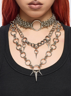 Minga 新品亚文化朋克风 尖刺/圆环 做旧银色 多层叠戴项链组合