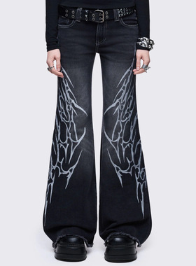 Minga 亚文化朋克 黑色水洗Sigilism印花图案 毛边裤脚喇叭牛仔裤