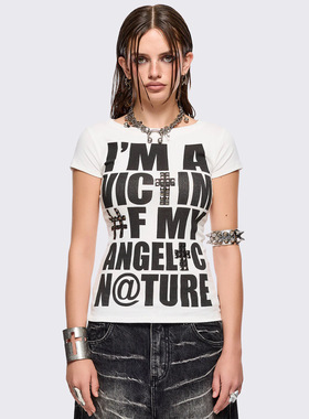 Minga新品 亚文化字母图案 十字架铆钉装饰短款修身圆领短袖上衣