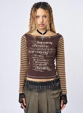 Minga秋冬新品复古棕色Y2k英文图案拼接袖一字领修身短款长袖上衣