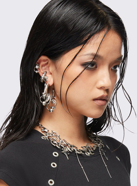 Minga 美式朋克亚文化 穿孔粗圈/分层戒指环形 做旧银粗耳环组合