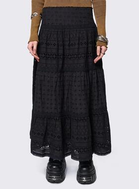 Minga新品 森系复古黑色蕾丝镂空分层 低腰显瘦侧拉链半裙长裙