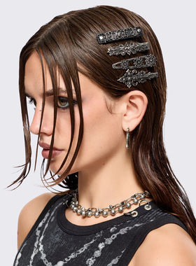 Minga 新品暗黑哥特 PU皮/巴洛克花卉雕刻图案 边夹发夹组合套装