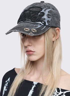 Minga 亚文化朋克 水洗灰色牛仔 刺绣图案 孔眼设计 棒球帽