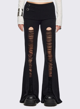 Minga 新品暗黑哥特 规则破坏设计 金属扣 黑色喇叭裤长裤休闲裤